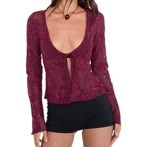 Motel Sukita Cardigan In Sequin Knit Burgundy Sheer Floral Embroidered Top SZ XS